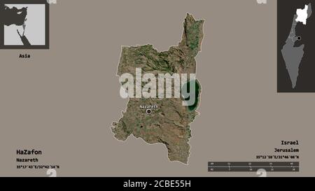 Shape of HaZafon, district of Israel, and its capital. Distance scale, previews and labels. Satellite imagery. 3D rendering Stock Photo