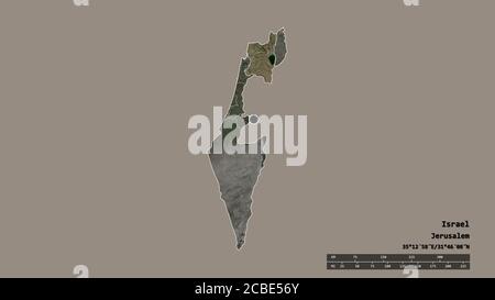 Desaturated shape of Israel with its capital, main regional division and the separated HaZafon area. Labels. Satellite imagery. 3D rendering Stock Photo