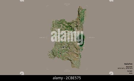 Area of HaZafon, district of Israel, isolated on a solid background in a georeferenced bounding box. Labels. Satellite imagery. 3D rendering Stock Photo