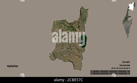 Shape of HaZafon, district of Israel, with its capital isolated on solid background. Distance scale, region preview and labels. Satellite imagery. 3D Stock Photo