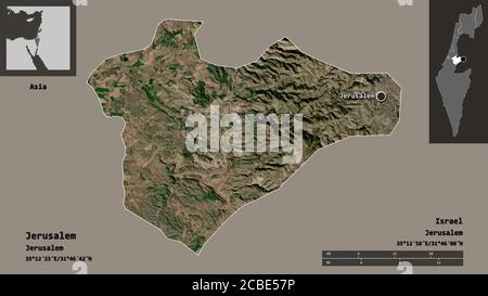 Shape of Jerusalem, district of Israel, and its capital. Distance scale, previews and labels. Satellite imagery. 3D rendering Stock Photo