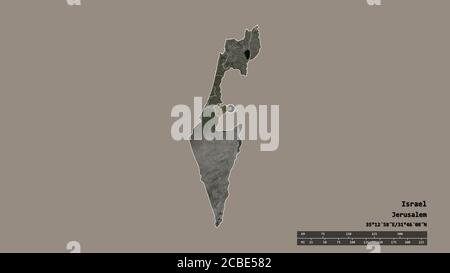 Desaturated shape of Israel with its capital, main regional division and the separated Jerusalem area. Labels. Satellite imagery. 3D rendering Stock Photo