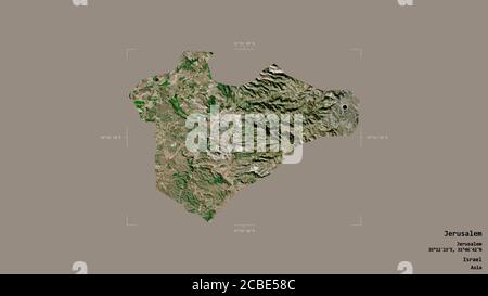 Area of Jerusalem, district of Israel, isolated on a solid background in a georeferenced bounding box. Labels. Satellite imagery. 3D rendering Stock Photo