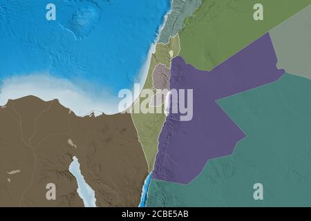 Extended area of Israel with country outline, international and regional borders. Colored elevation map. 3D rendering Stock Photo