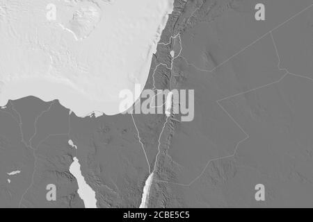 Extended area of Israel with country outline, international and regional borders. Bilevel elevation map. 3D rendering Stock Photo