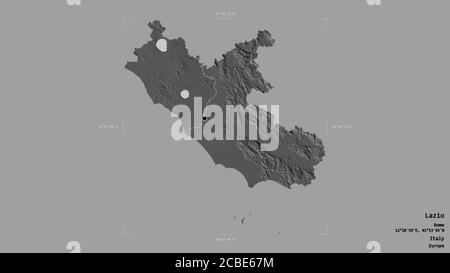 Area of Lazio, region of Italy, isolated on a solid background in a georeferenced bounding box. Labels. Bilevel elevation map. 3D rendering Stock Photo