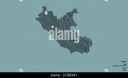 Area of Lazio, region of Italy, isolated on a solid background in a georeferenced bounding box. Labels. Colored elevation map. 3D rendering Stock Photo