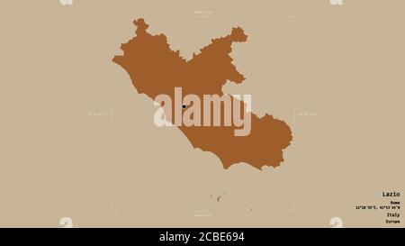 Area of Lazio, region of Italy, isolated on a solid background in a georeferenced bounding box. Labels. Composition of patterned textures. 3D renderin Stock Photo