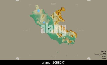 Area of Lazio, region of Italy, isolated on a solid background in a georeferenced bounding box. Labels. Topographic relief map. 3D rendering Stock Photo