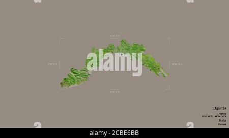 Area of Liguria, region of Italy, isolated on a solid background in a georeferenced bounding box. Labels. Satellite imagery. 3D rendering Stock Photo