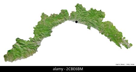 Shape of Liguria, region of Italy, with its capital isolated on white background. Satellite imagery. 3D rendering Stock Photo