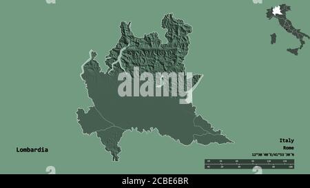 Shape of Lombardia, region of Italy, with its capital isolated on solid background. Distance scale, region preview and labels. Colored elevation map. Stock Photo