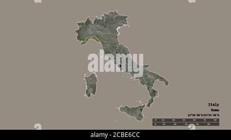 Desaturated shape of Italy with its capital, main regional division and the separated Liguria area. Labels. Satellite imagery. 3D rendering Stock Photo
