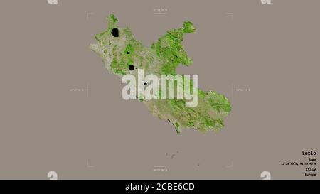 Area of Lazio, region of Italy, isolated on a solid background in a georeferenced bounding box. Labels. Satellite imagery. 3D rendering Stock Photo