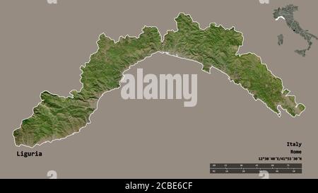 Shape of Liguria, region of Italy, with its capital isolated on solid background. Distance scale, region preview and labels. Satellite imagery. 3D ren Stock Photo