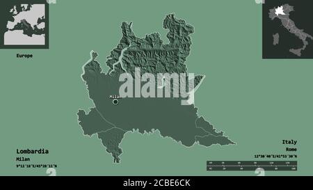 Shape of Lombardia, region of Italy, and its capital. Distance scale, previews and labels. Colored elevation map. 3D rendering Stock Photo