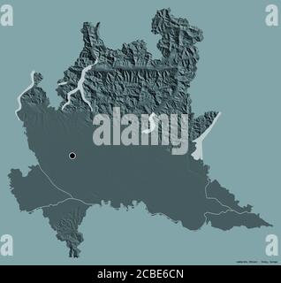 Shape of Lombardia, region of Italy, with its capital isolated on a solid color background. Colored elevation map. 3D rendering Stock Photo