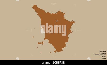 Area of Toscana, region of Italy, isolated on a solid background in a georeferenced bounding box. Labels. Composition of patterned textures. 3D render Stock Photo