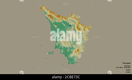 Area of Toscana, region of Italy, isolated on a solid background in a georeferenced bounding box. Labels. Topographic relief map. 3D rendering Stock Photo