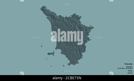 Area of Toscana, region of Italy, isolated on a solid background in a georeferenced bounding box. Labels. Colored elevation map. 3D rendering Stock Photo