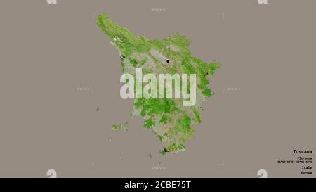 Area of Toscana, region of Italy, isolated on a solid background in a georeferenced bounding box. Labels. Satellite imagery. 3D rendering Stock Photo