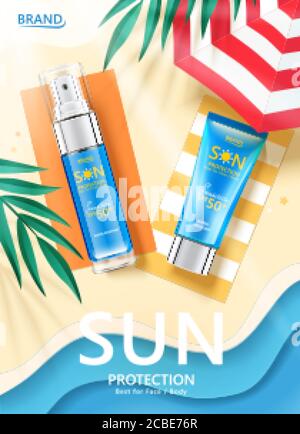 3d illustration sunscreen products lying on papercut beach, skincare ads in top view angle Stock Vector