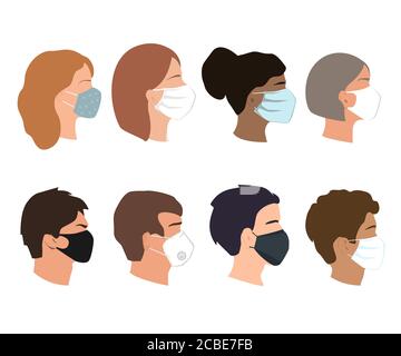 People set faces with medical masks. Coronavirus prevention concept. Different gender, ethnicity, and color woman and man profiles silhouettes. Vector Stock Vector