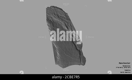 Area of Manchester, parish of Jamaica, isolated on a solid background in a georeferenced bounding box. Labels. Bilevel elevation map. 3D rendering Stock Photo