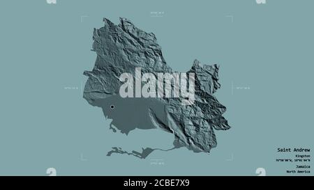 Area of Saint Andrew, parish of Jamaica, isolated on a solid background in a georeferenced bounding box. Labels. Colored elevation map. 3D rendering Stock Photo