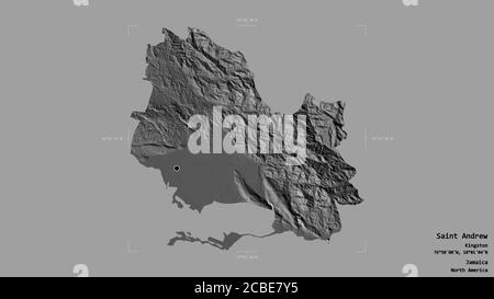 Area of Saint Andrew, parish of Jamaica, isolated on a solid background in a georeferenced bounding box. Labels. Bilevel elevation map. 3D rendering Stock Photo