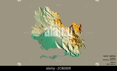 Area of Saint Andrew, parish of Jamaica, isolated on a solid background in a georeferenced bounding box. Labels. Topographic relief map. 3D rendering Stock Photo