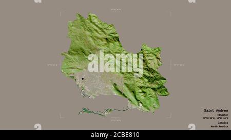 Area of Saint Andrew, parish of Jamaica, isolated on a solid background in a georeferenced bounding box. Labels. Satellite imagery. 3D rendering Stock Photo