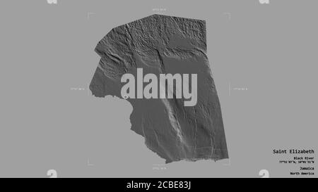 Area of Saint Elizabeth, parish of Jamaica, isolated on a solid background in a georeferenced bounding box. Labels. Bilevel elevation map. 3D renderin Stock Photo