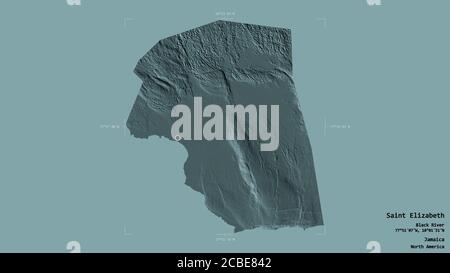 Area of Saint Elizabeth, parish of Jamaica, isolated on a solid background in a georeferenced bounding box. Labels. Colored elevation map. 3D renderin Stock Photo