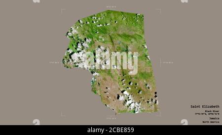 Area of Saint Elizabeth, parish of Jamaica, isolated on a solid background in a georeferenced bounding box. Labels. Satellite imagery. 3D rendering Stock Photo