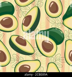 Seamless striped pattern with avocado. Vector fruit background Stock Vector