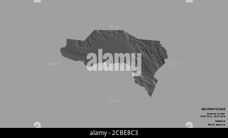 Area of Westmoreland, parish of Jamaica, isolated on a solid background in a georeferenced bounding box. Labels. Bilevel elevation map. 3D rendering Stock Photo