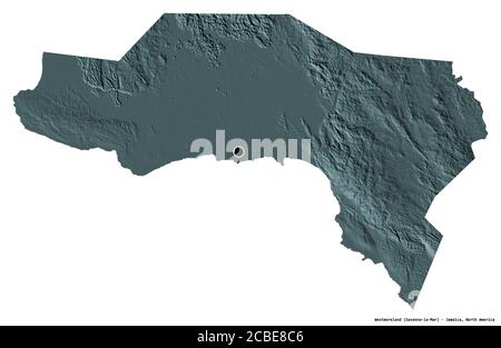 Shape of Westmoreland, parish of Jamaica, with its capital isolated on white background. Colored elevation map. 3D rendering Stock Photo