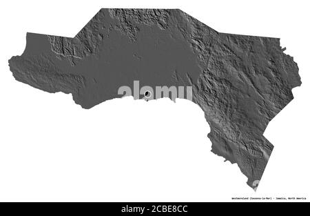 Shape of Westmoreland, parish of Jamaica, with its capital isolated on white background. Bilevel elevation map. 3D rendering Stock Photo