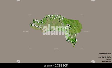 Area of Westmoreland, parish of Jamaica, isolated on a solid background in a georeferenced bounding box. Labels. Satellite imagery. 3D rendering Stock Photo