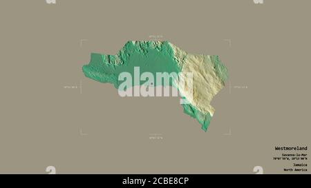 Area of Westmoreland, parish of Jamaica, isolated on a solid background in a georeferenced bounding box. Labels. Topographic relief map. 3D rendering Stock Photo