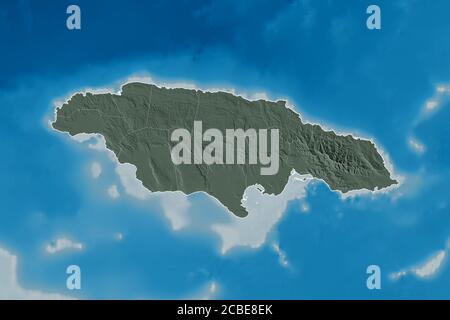 Extended area of Jamaica with country outline, international and regional borders. Colored elevation map. 3D rendering Stock Photo