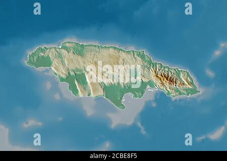 Extended area of Jamaica with country outline, international and regional borders. Topographic relief map. 3D rendering Stock Photo