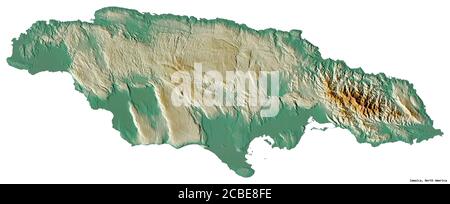 Shape of Jamaica with its capital isolated on white background. Topographic relief map. 3D rendering Stock Photo