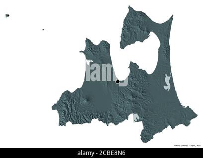 Shape of Aomori, prefecture of Japan, with its capital isolated on white background. Colored elevation map. 3D rendering Stock Photo