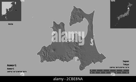 Shape of Aomori, prefecture of Japan, and its capital. Distance scale, previews and labels. Bilevel elevation map. 3D rendering Stock Photo