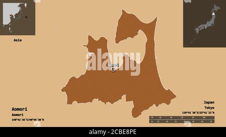 Shape of Aomori, prefecture of Japan, and its capital. Distance scale, previews and labels. Composition of patterned textures. 3D rendering Stock Photo