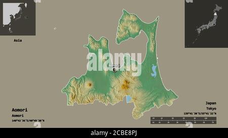 Shape of Aomori, prefecture of Japan, and its capital. Distance scale, previews and labels. Topographic relief map. 3D rendering Stock Photo