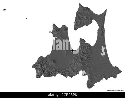Shape of Aomori, prefecture of Japan, with its capital isolated on white background. Bilevel elevation map. 3D rendering Stock Photo