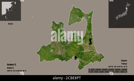 Shape of Aomori, prefecture of Japan, and its capital. Distance scale, previews and labels. Satellite imagery. 3D rendering Stock Photo